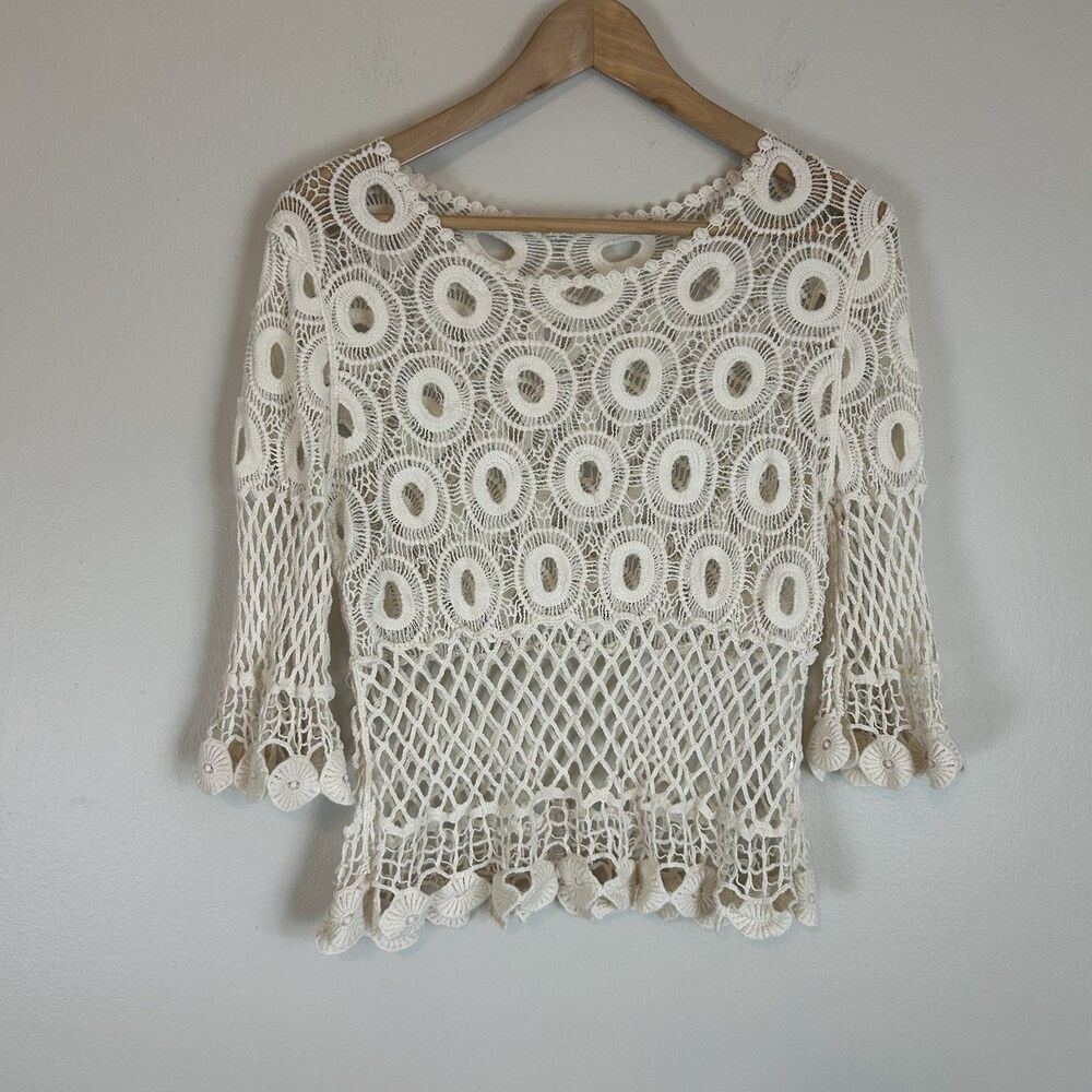Anthropologie White Ivory Crochet Lace Top Blouse Layering Small Mesh Bohemian
